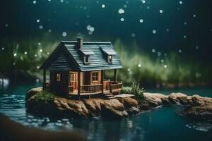een miniatuur huis Aan een rots in de midden- van een meer. ai-gegenereerd foto