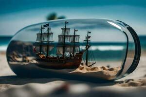 een model- schip in een glas fles Aan de strand. ai-gegenereerd foto