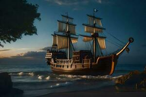 een piraat schip is het zeilen Aan de oceaan Bij zonsondergang. ai-gegenereerd foto