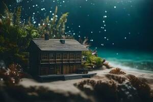 een miniatuur huis Aan de strand Bij nacht. ai-gegenereerd foto