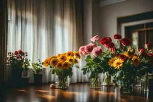 bloemen in vazen Aan een tafel. ai-gegenereerd foto