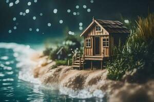 een miniatuur huis Aan de kust van een meer. ai-gegenereerd foto