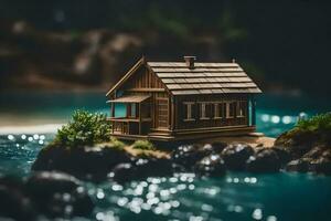 een miniatuur huis Aan een rots door de water. ai-gegenereerd foto