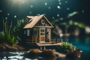 een miniatuur huis Aan een klein eiland in de water. ai-gegenereerd foto