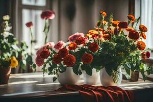 bloemen in vazen Aan een tafel. ai-gegenereerd foto