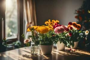 bloemen in vazen Aan een tafel. ai-gegenereerd foto