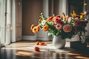 een vaas van bloemen zittend Aan een houten vloer. ai-gegenereerd foto