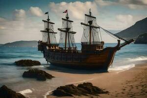 een piraat schip Aan de strand. ai-gegenereerd foto