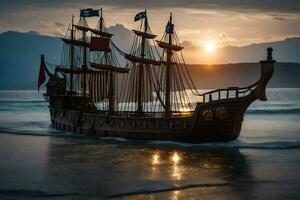 een piraat schip Aan de strand Bij zonsondergang. ai-gegenereerd foto