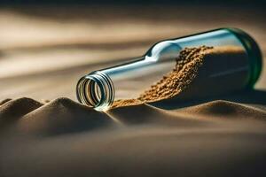 een fles van zand in de woestijn. ai-gegenereerd foto