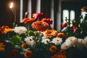 bloemen in een kerk met een kaars in de achtergrond. ai-gegenereerd foto