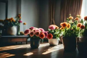 bloemen in vazen Aan een tafel in een kamer. ai-gegenereerd foto