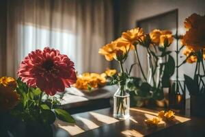 bloemen in vazen Aan een tafel in voorkant van een venster. ai-gegenereerd foto