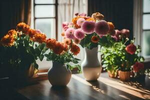 bloemen in vazen Aan een vensterbank. ai-gegenereerd foto