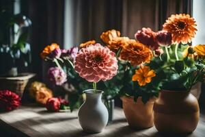 bloemen in vazen Aan een vensterbank. ai-gegenereerd foto