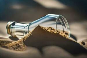 een glas fles met zand Aan top van het. ai-gegenereerd foto