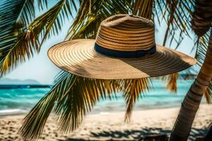 een hoed hangende van een palm boom Aan een strand. ai-gegenereerd foto