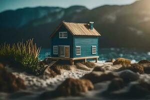 een miniatuur huis Aan de strand met bergen in de achtergrond. ai-gegenereerd foto