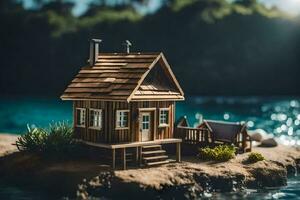 een miniatuur huis Aan een klein eiland. ai-gegenereerd foto
