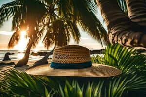 een rietje hoed Aan de strand. ai-gegenereerd foto