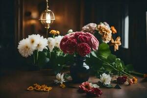 bloemen in een vaas Aan een tafel. ai-gegenereerd foto