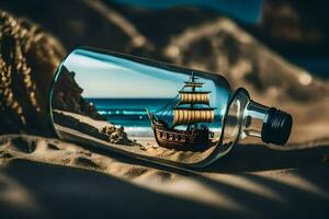 een schip in een fles Aan de strand. ai-gegenereerd foto