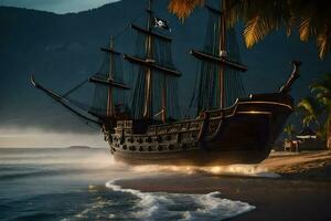 een piraat schip Aan de strand met palm bomen. ai-gegenereerd foto