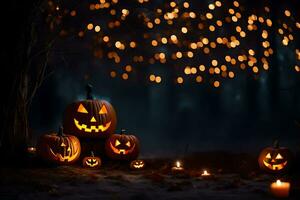 halloween pompoenen in de donker met lichten. ai-gegenereerd foto