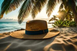 een rietje hoed Aan de strand. ai-gegenereerd foto