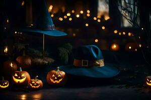 halloween pompoenen en hoeden zitten Aan een tafel. ai-gegenereerd foto