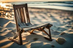 een houten stoel zit Aan de zand Bij zonsondergang. ai-gegenereerd foto