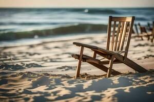 een houten stoel zit Aan de strand Bij zonsondergang. ai-gegenereerd foto