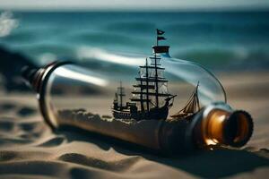 schip in een fles Aan de strand. ai-gegenereerd foto