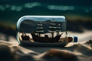 schip in een fles Aan zand. ai-gegenereerd foto