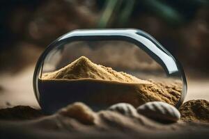 een glas pot gevulde met zand en een klein stuk van zand. ai-gegenereerd foto