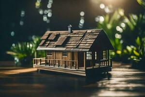 miniatuur houten huis Aan een houten tafel. ai-gegenereerd foto