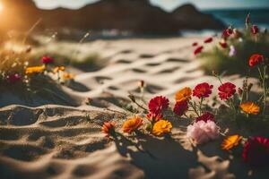 bloemen Aan de strand Bij zonsondergang. ai-gegenereerd foto