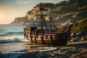 een piraat schip is Aan de strand in de buurt de oceaan. ai-gegenereerd foto