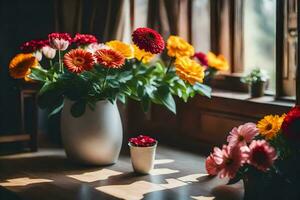 bloemen in vazen Aan een tafel in voorkant van een venster. ai-gegenereerd foto