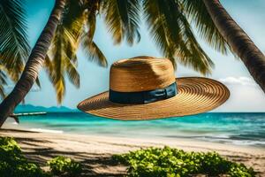 een hoed Aan de strand met palm bomen. ai-gegenereerd foto