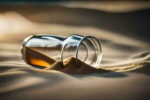 een glas pot met zand Aan de strand. ai-gegenereerd foto