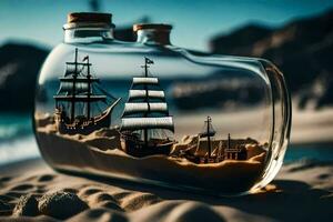 schip in een fles Aan de strand. ai-gegenereerd foto