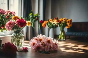 bloemen in vazen Aan een houten tafel. ai-gegenereerd foto