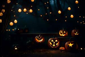 halloween pompoenen in de donker met lichten. ai-gegenereerd foto
