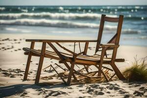 een stoel Aan de strand met een strand in de achtergrond. ai-gegenereerd foto