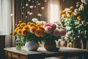 bloemen in vazen Aan een tafel. ai-gegenereerd foto