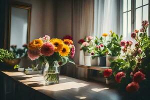 bloemen in vazen Aan een tafel in voorkant van een venster. ai-gegenereerd foto