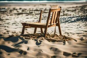 een stoel zittend Aan de zand in de midden- van de oceaan. ai-gegenereerd foto