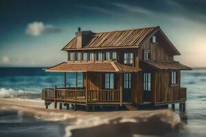 een miniatuur huis Aan de strand met een houten dak. ai-gegenereerd foto