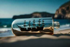 schip in een fles Aan de strand. ai-gegenereerd foto